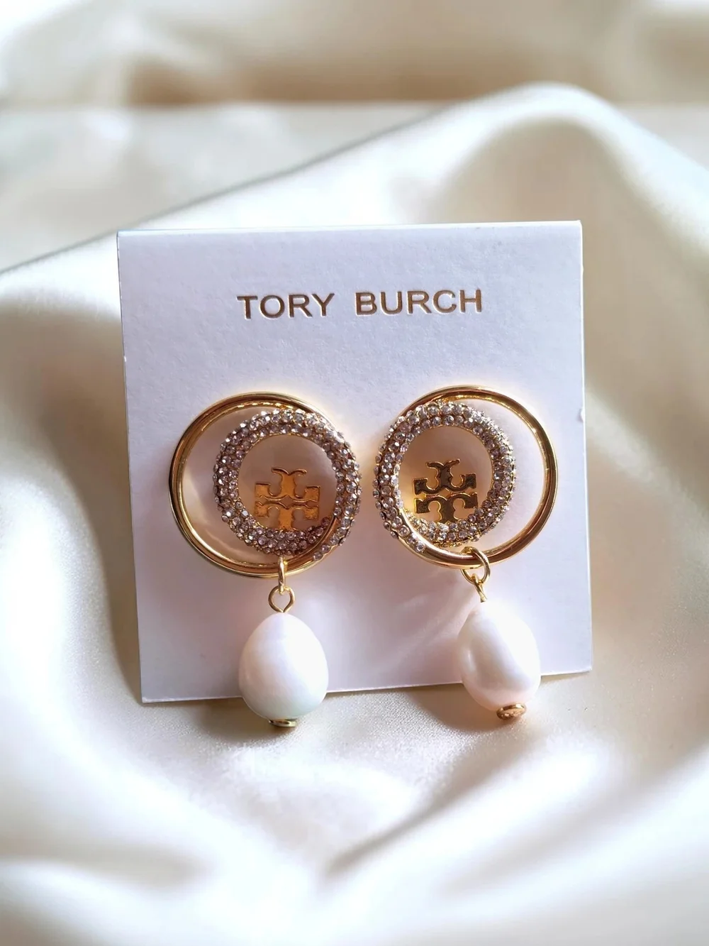 🆕️ Tory Burch Open Miller Stud Earring With Pearl Drop - Gold Crystals Pearls